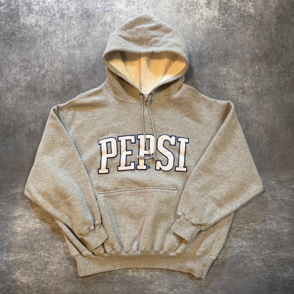 Vintage 90s Pepsi Hoodie Mens XL Gray Embroidered Spellout Slogan Sweatshirt